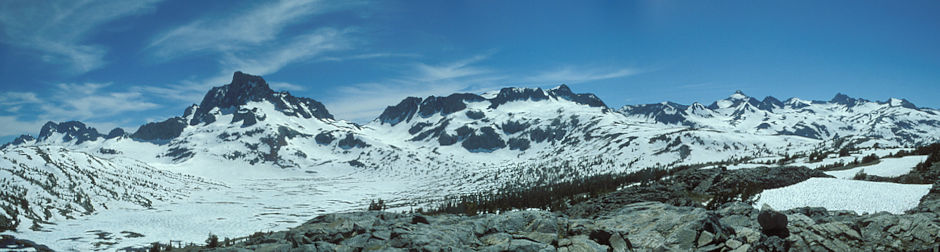 Banner Peak over ice covered Thousand Island Lake, Mt. Davis, Rogers Peak, Mt. Lyell - Ansel Adams Wilderness - Jul 1980