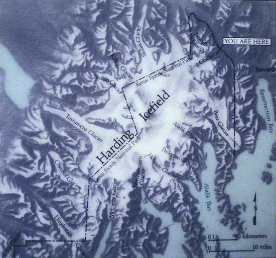 Harding Icefield is the source of the Exit Glacier, upper right