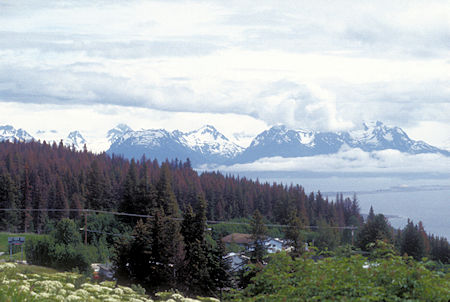 View across Homer to mountains on other side of bay from viewpoint on highway
