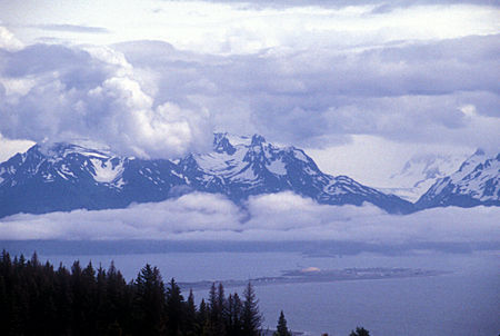 View across Homer to mountains on other side of bay from viewpoint on highway