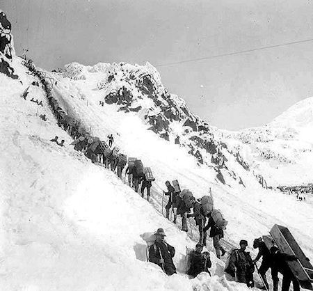 Prospectors ascending the Chilkoot Pass, 1898