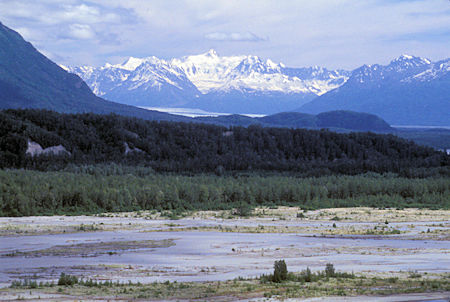 View from Glenn Highway over Knik River to Mt. Goode and Knik Glacier (bottom behind hills) near Palmer, Alaska