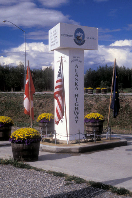 Mile 1422 marker, end of Alaska Highway, Delta Junction, Alaska