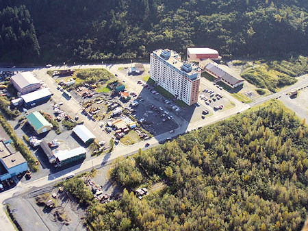 Fourteen story Begich Towers building where almost every resident of Whittier lives