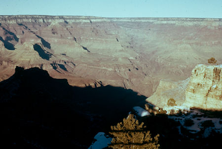 View up Bright Angel Canyon from Grand Canyon Village near head of Bright Angel Trail, Battleship in shadow, Indian Garden below - Grand Canyon National Park - Dec 1961 View up Bright Angel Canyon from Grand Canyon Village near head of Bright Angel Trail, Battleship in shadow, Indian Garden below - Grand Canyon National Park - Dec 1961