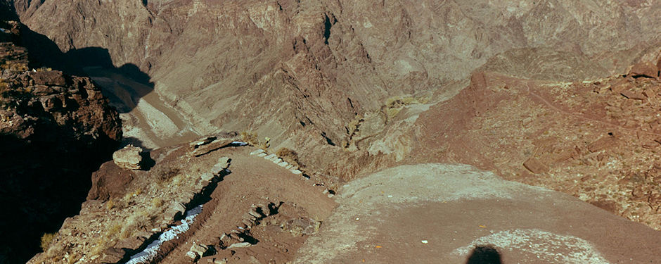 Colorado River inner gorge with Bright Angel Creek on right from about 4,000' on Kaibab Trail - Grand Canyon National Park - Dec 1961