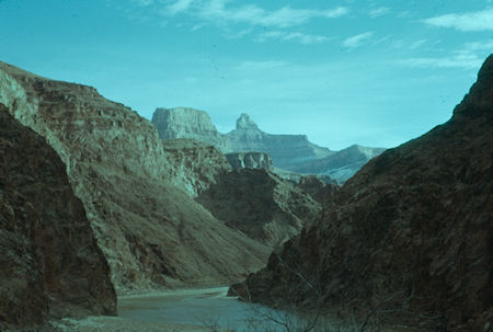 View upstream on Colorado River at Sumner Butte and Zoroaster Temple before turning up Garden Creek - Grand Canyon National Park - Jan 1962 View upstream on Colorado River at Sumner Butte and Zoroaster Temple before turning up Garden Creek - Grand Canyon National Park - Jan 1962