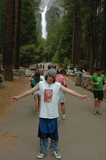 Andrew and Lower Yosemite Falls on trail