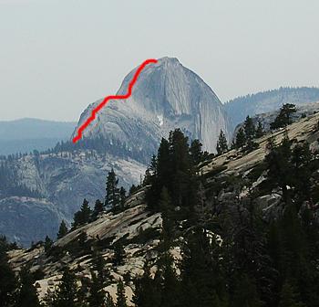 Half Dome from Olmstead Point showing hiker route to top