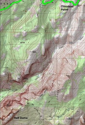 Map showing Olmstead Point and Half Dome