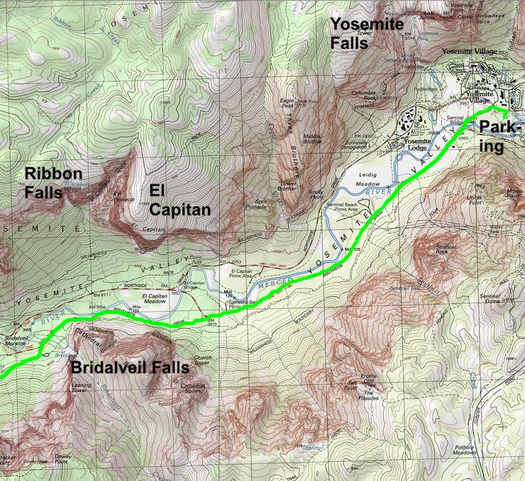 Map of Yosemite Valley floor area we visited