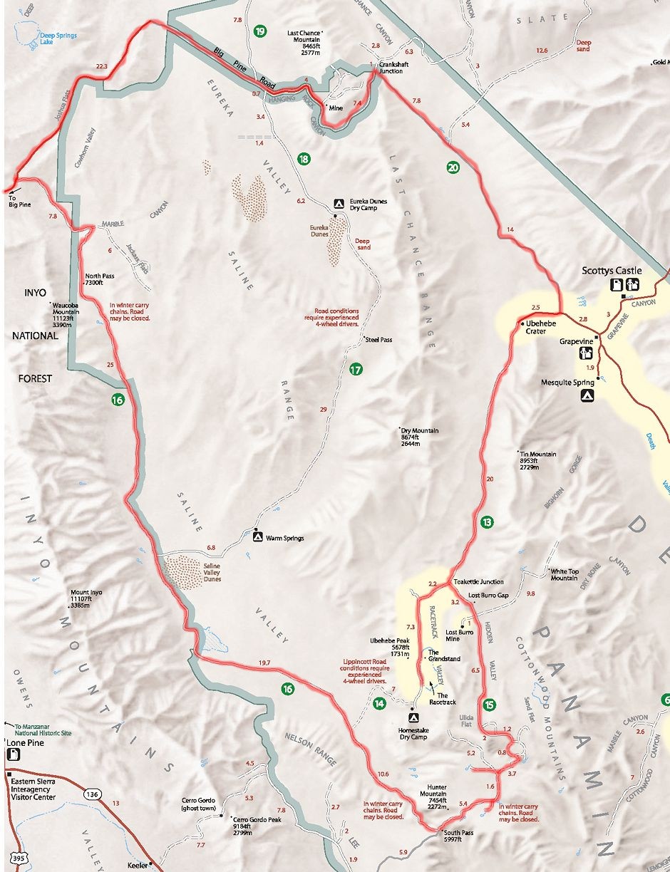 Death Valley Race Track, Spanish Springs, Hunter Cabin, Saline Valley route map