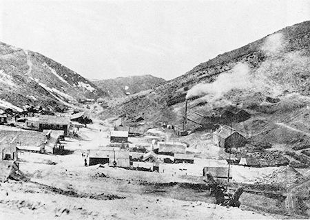Cerro Gordo about 1871-1879 with Beaudry's Smelter smoking away on the right (Bob Likes Collection)