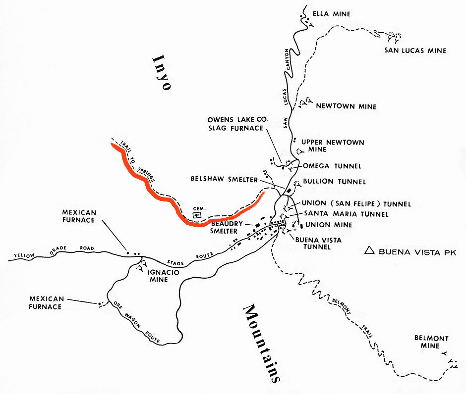 Map of mines with red line for trail to springs