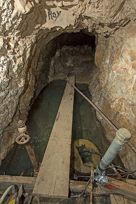 Water cistern at 700' level in Union mine - Cerro Gordo - Underground Explorers Oct 2018