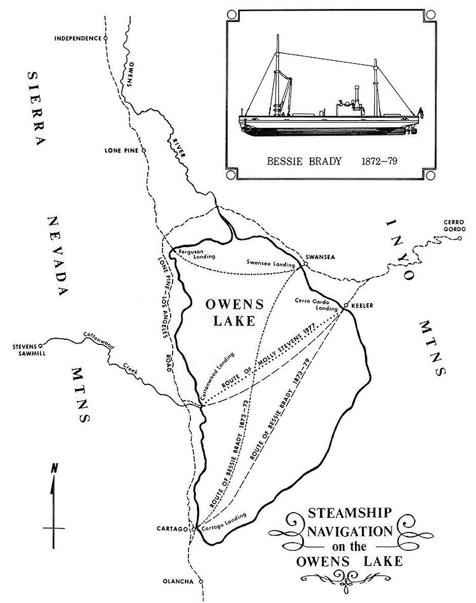 Steam ship navigation routes on Owens Lake