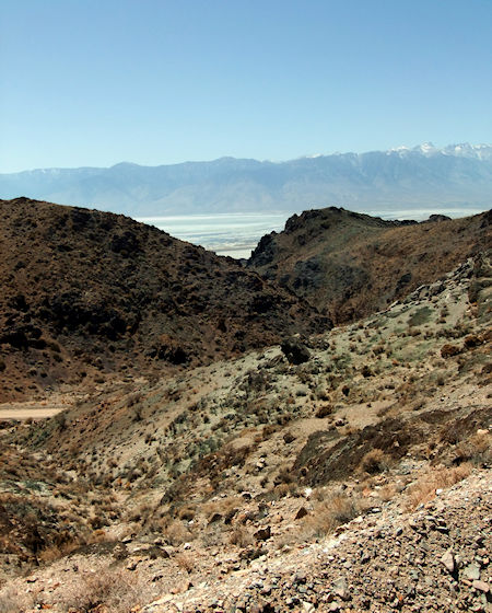 The view from about half-way up the 8-mile Yellow Grade Road, looking back toward Owens Lake below and the eastern Sierra in the distance