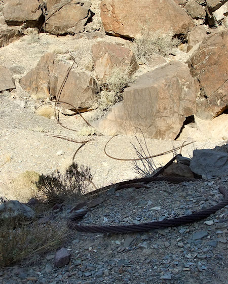 Cabling ("wire rope") from a tramway that hauled ore carts down — or rather, above — the Yellow Grade Road from the mines to the smelter east of Keeler on the east side of Owens Lake during the first two decades of the 20th Century