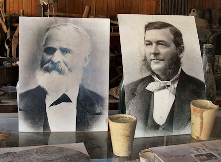 Remi Nadeau (left) and Mortimer Belshaw. Photographs are located inside Belshaw's general store, which now serves as Cerro Gordo's museum