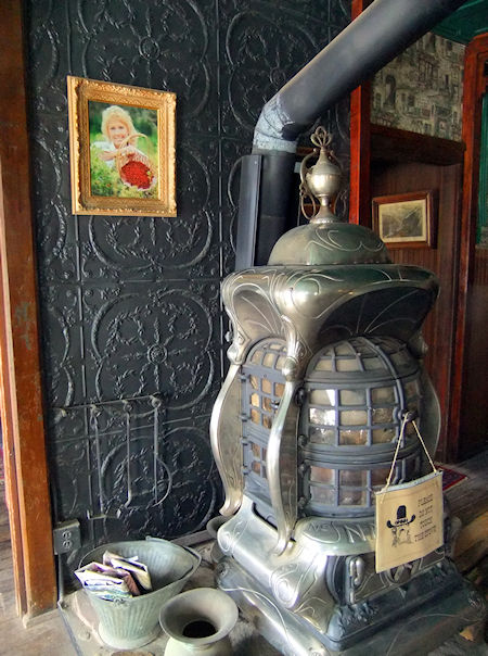 Pot-bellied stove (for warmth) in the dining room at the American Hotel