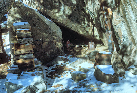 Hunters campsite with stove and wood found on way back to camp from Mount Inyo