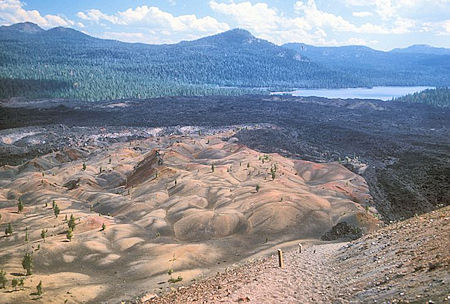 Painted Dunes, Fantastic Lave Beds, Snag Lake and trail from Cinder Cone Painted Dunes, Fantastic Lave Beds, Snag Lake and trail from Cinder Cone