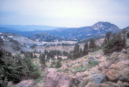 Helen Lake and Brokeoff Mountain from Lassen Peak trail Helen Lake and Brokeoff Mountain from Lassen Peak trail