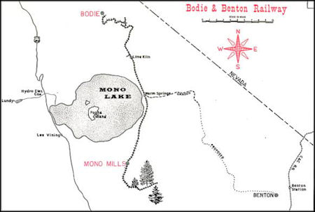Bodie and Benton Railway map from Mono Mills to Bodie Bodie and Benton Railway map from Mono Mills to Bodie