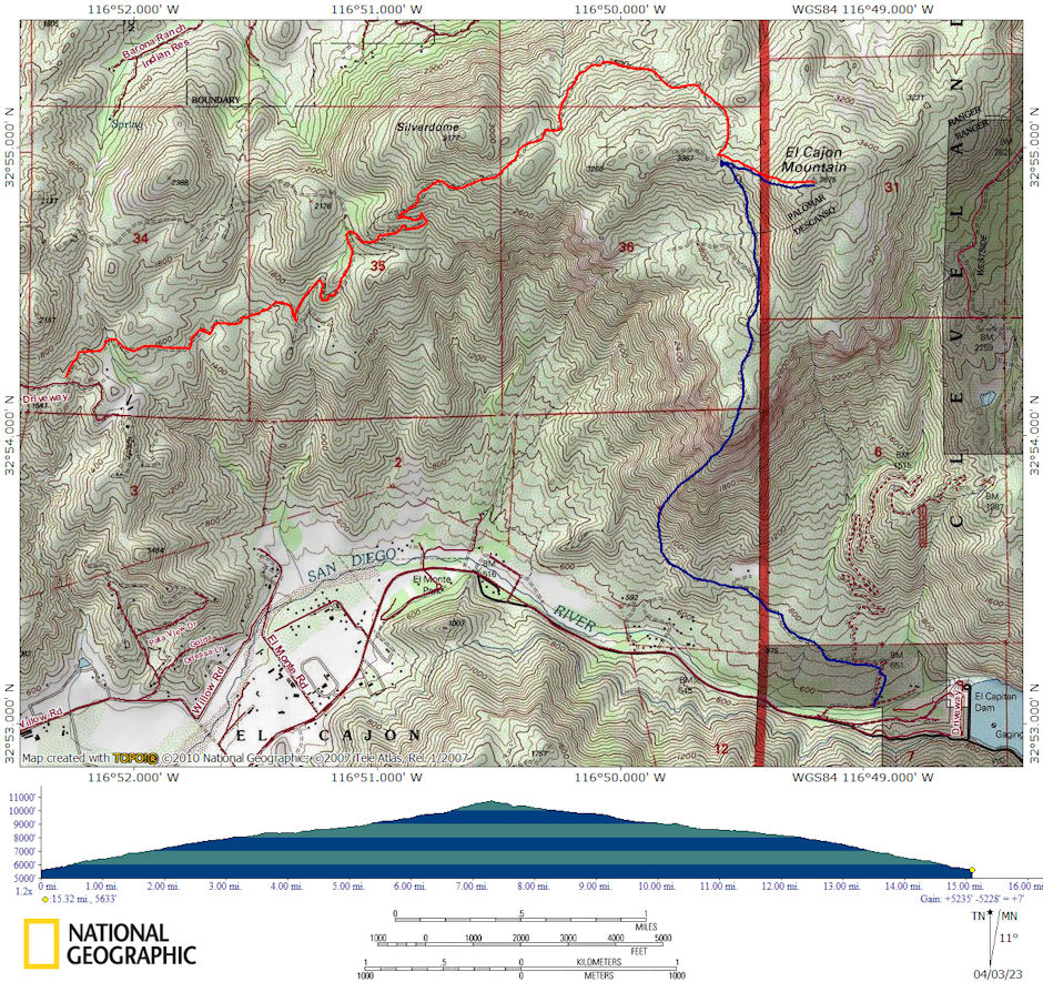 Routes to El Cajon Mountain - Mine in blue - Current in red Routes to El Cajon Mountain - Mine in blue - Current in red