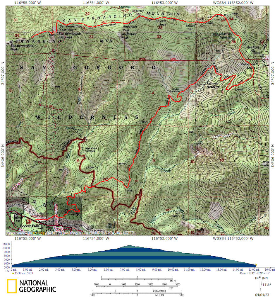 San Bernardino East Peak Falls Creek Trail Route Map San Bernardino East Peak Falls Creek Trail Route Map