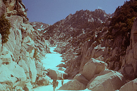 In the snow gully just below camp