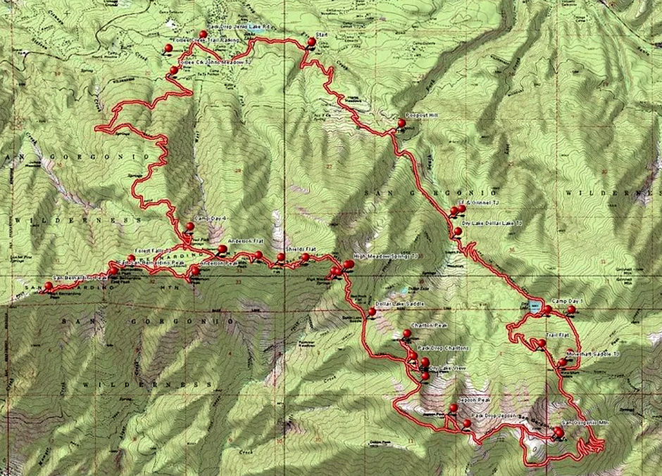 One possible route for doing a loop of all nine peaks One possible route for doing a loop of all nine peaks