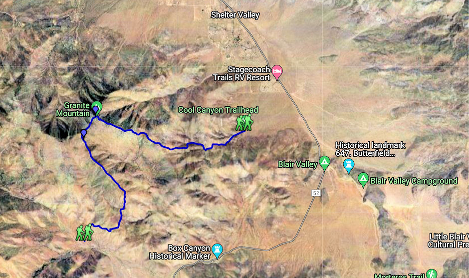 I took the route from Rodrequez Canyon south of Granite Mountain up and down and did not go to Cold Canyon I took the route from Rodrequez Canyon south of Granite Mountain up and down and did not go to Cold Canyon