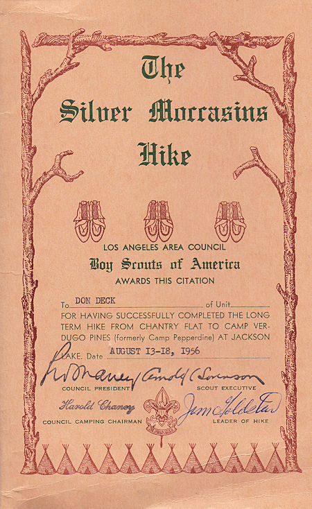 I earned The Silver Moccasins Hike Award in 1956