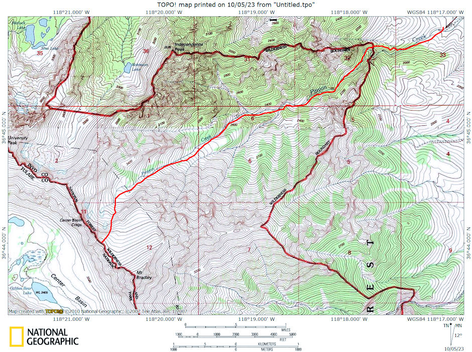 Route map up Pinyon Creek to climb Center Basin Crag #5 Route map up Pinyon Creek to climb Center Basin Crag #5