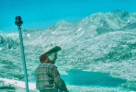 Nine Lake Basin from Kaweah Gap, unknown fellow hiker - Sequoia National Park 20 Jul 1957 Nine Lake Basin from Kaweah Gap, unknown fellow hiker - Sequoia National Park 20 Jul 1957