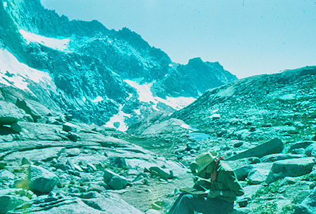 Looking back down Kaweah Gap toward Hamilton Lake, unknown fellow hiker - Sequoia National Park 20 Jul 1957 Looking back down Kaweah Gap toward Hamilton Lake, unknown fellow hiker - Sequoia National Park 20 Jul 1957