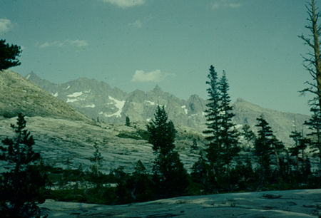Looking toward Minarets from bench in Bench Canyon - Ansel Adams Wilderness - Aug 1958 Looking toward Minarets from bench in Bench Canyon - Ansel Adams Wilderness - Aug 1958