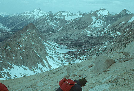 Just above the saddle, looking back at Kearsarge Pinnacles (left) and Kearsarge Lakes - Kings Canyon National Park 1960 Just above the saddle, looking back at Kearsarge Pinnacles (left) and Kearsarge Lakes - Kings Canyon National Park 1960