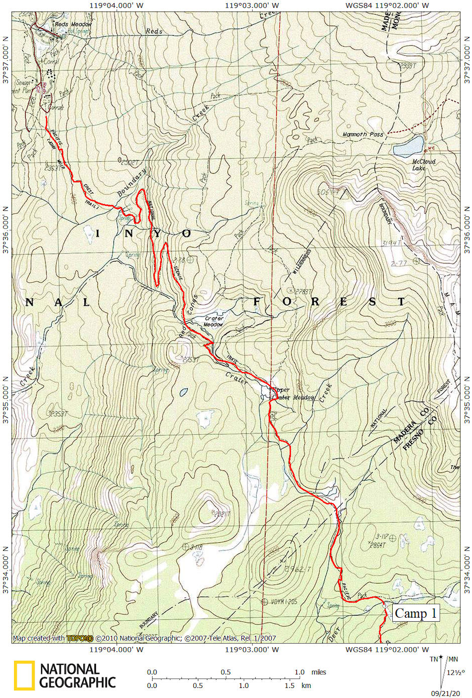 Reds Meadow to Deer Creek Camp map 1967 Reds Meadow to Deer Creek Camp map 1967