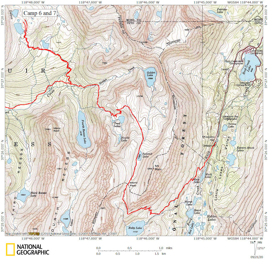 Lower Pioneer Basin over Mono Pass to Rock Creek trailhead map 1967 Lower Pioneer Basin over Mono Pass to Rock Creek trailhead map 1967