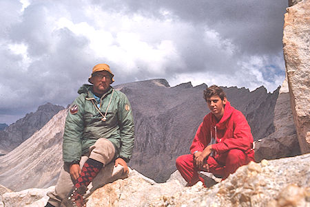 Don Deck and Ralph Drollinger on top of Mt. Hitchcock with Mt. Whitney in background - Sequoia National Park 26 Aug 1971 Don Deck and Ralph Drollinger on top of Mt. Hitchcock with Mt. Whitney in background - Sequoia National Park 26 Aug 1971