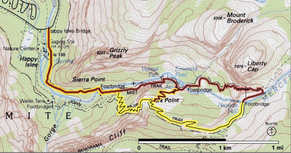 Vernal and Nevada Fall trail map Vernal and Nevada Fall trail map