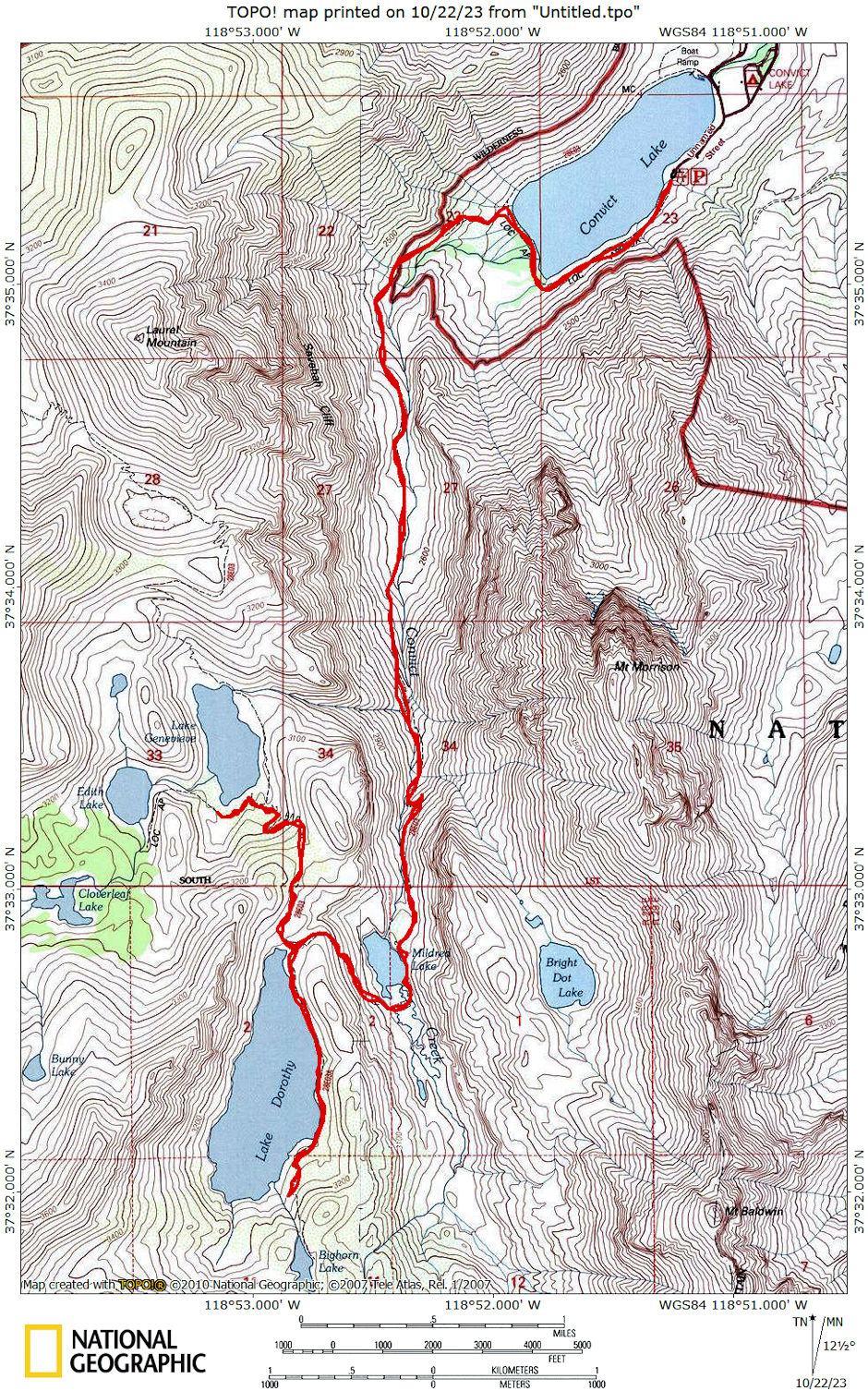 Backpack trip route on Convict Creek Trail in 1973 Backpack trip route on Convict Creek Trail in 1973