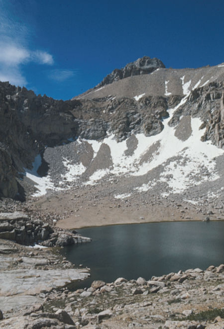 Mt. LeConte over Meysan Lake - slope/chute is route to climb Mt. LeConte - Jul 1975