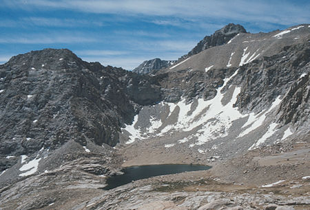 Meysan Lake, Mt. LeConte (skyline right), Mount Corcoran (behind Mt. LeConte) from Candlelight Peak ridge - Jul 1975 Meysan Lake, Mt. LeConte (skyline right), Mount Corcoran (behind Mt. LeConte) from Candlelight Peak ridge - Jul 1975
