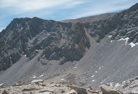 Lone Pine Peak ridge - class 2 chute climbing route to right of center - from Candlelight Peak ridge - Jul 1975 Lone Pine Peak - class 2 chute climbing route to right of center - from Candlelight Peak - Jul 1975