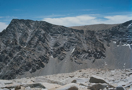 Lone Pine Peak - class 2 chute climbing route to right of center - from Candlelight Peak - Jul 1975 Lone Pine Peak - class 2 chute climbing route to right of center - from Candlelight Peak - Jul 1975