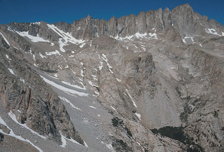 Consultation Lake (left), Mt. Muir (left center), Keeler Needle and Mount Whitney (right), Wotans Throne (center foreground), Mirror Lake (lower right) from Candlelight Peak - Jul 1975 Consultation Lake (left), Mt. Muir (left center), Keeler Needle and Mount Whitney (right), Wotans Throne (center foreground), Mirror Lake (lower right) from Candlelight Peak - Jul 1975