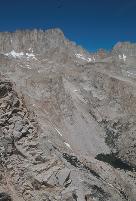 Keeler Needle and Mount Whitney (left), Mt. Russell (right), Wotans Throne (left foreground), Mirror Lake (lower right) from Candlelight Peak - Jul 1975 Keeler Needle and Mount Whitney (left), Mt. Russell (right), Wotans Throne (left foreground), Mirror Lake (lower right) from Candlelight Peak - Jul 1975